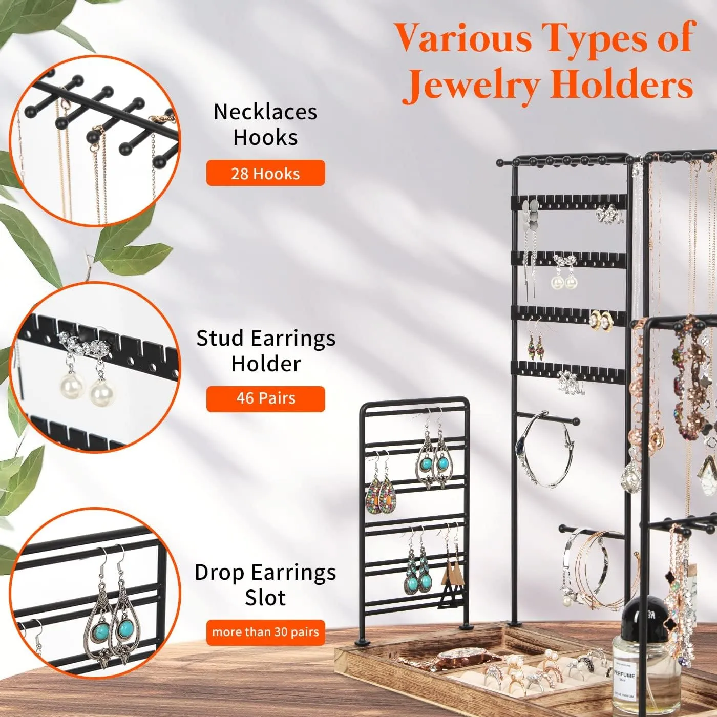 J JACKCUBE DESIGN Jewelry Organizer Stand Tree, 4 Tier Metal Accessory Earring, Necklaces, Bracelets, Ear Stud Holder Tower Rack with Wooden Display Tray Base for Rings- MK915A