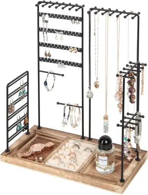 J JACKCUBE DESIGN Jewelry Organizer Stand Tree, 4 Tier Metal Accessory Earring, Necklaces, Bracelets, Ear Stud Holder Tower Rack with Wooden Display Tray Base for Rings- MK915A