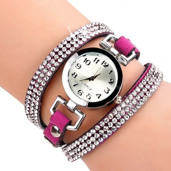 Korean Fashion Women Rhinestone Bracelet Round Dial Analog Quartz Casual Watch Wristwatch