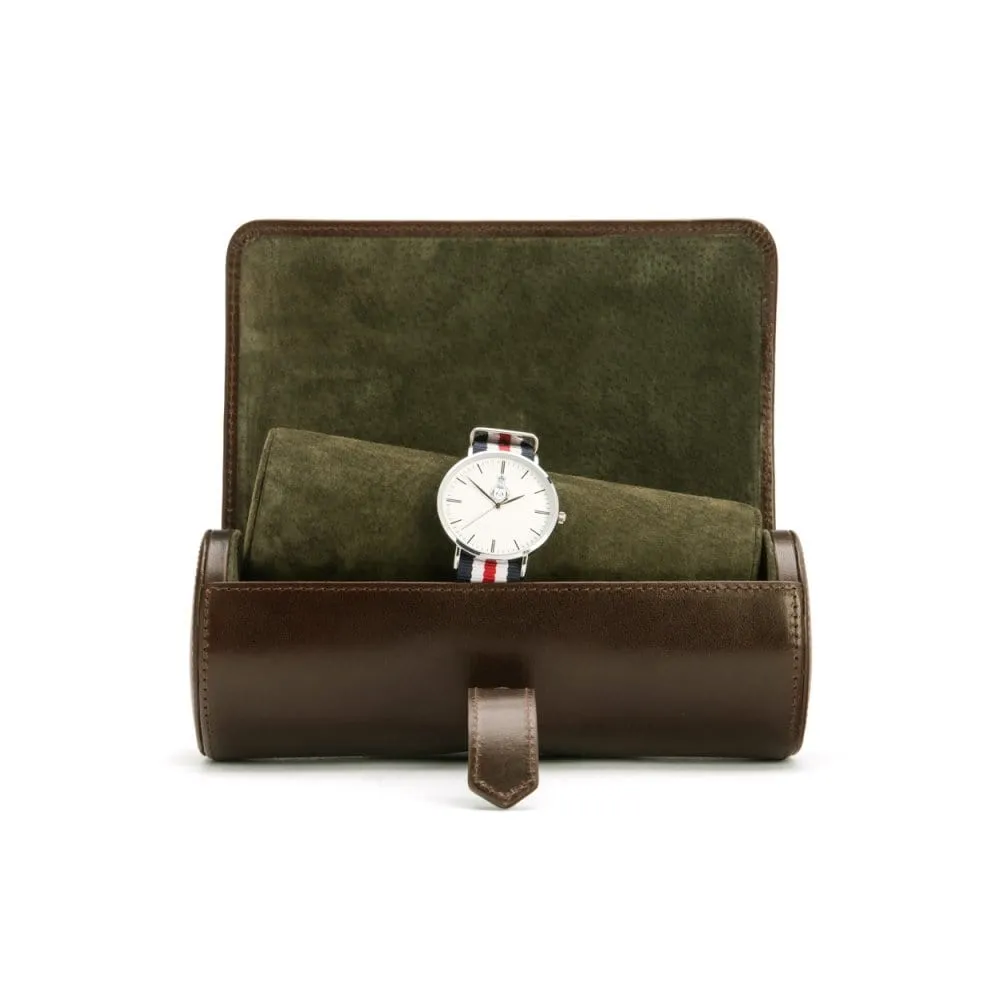Large Leather Watch Roll - Brown With Green