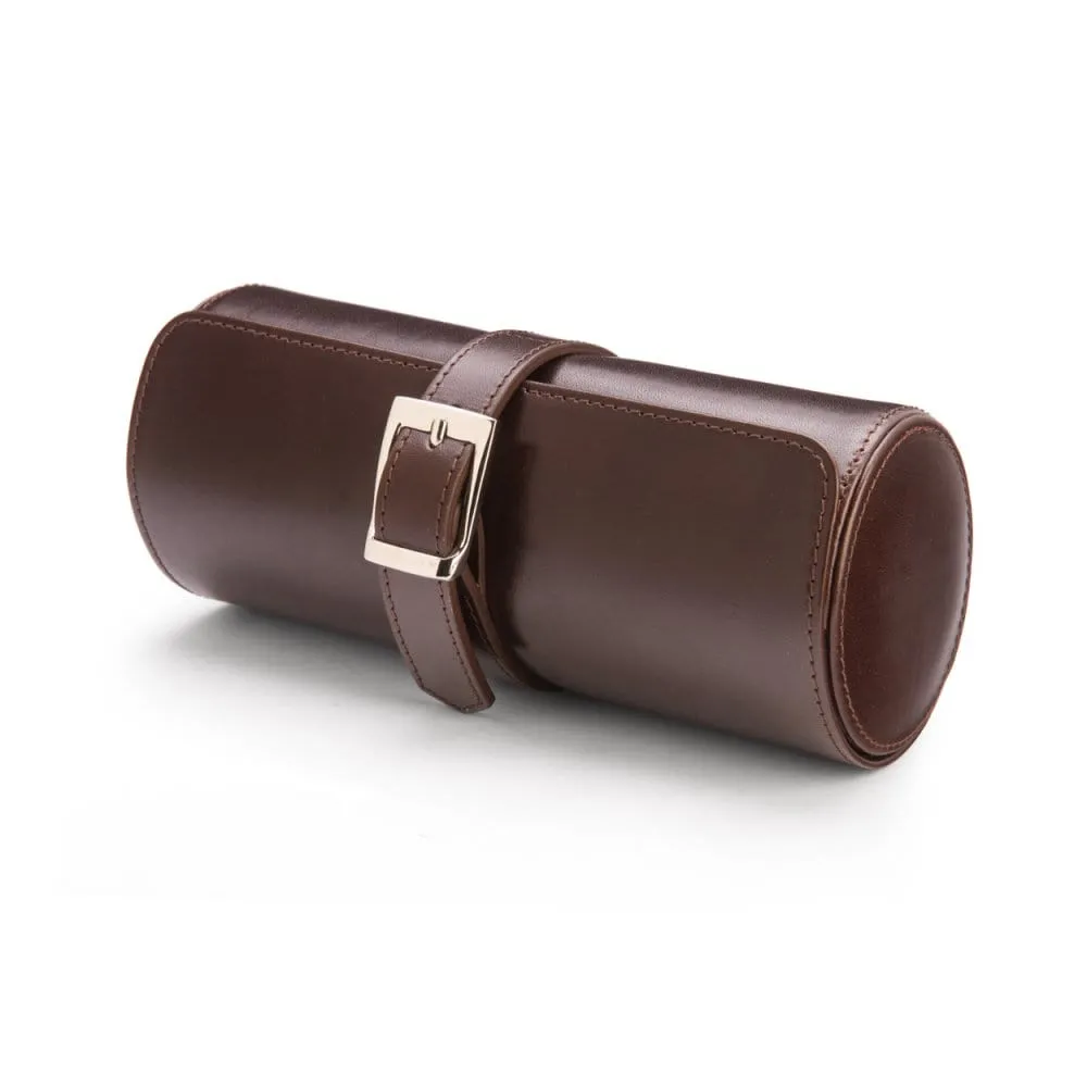 Large Leather Watch Roll - Brown With Green