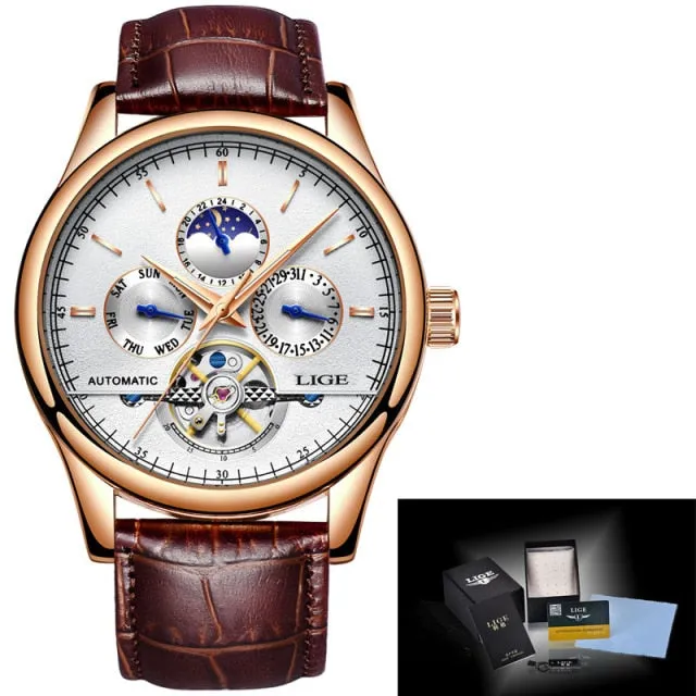 Luxury Automatic Mechanical Watch Men Leather Waterproof Watch Week Clock Boxo