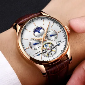 Luxury Automatic Mechanical Watch Men Leather Waterproof Watch Week Clock Boxo