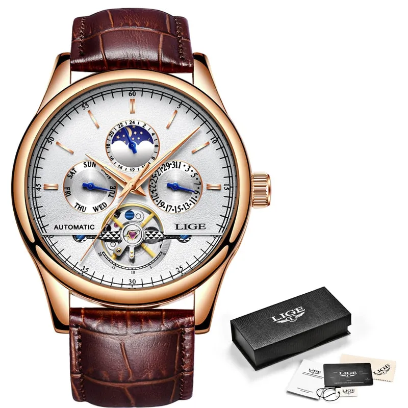 Luxury Automatic Mechanical Watch Men Leather Waterproof Watch Week Clock Boxo