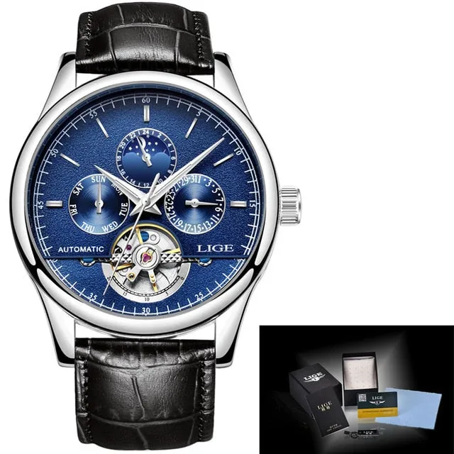 Luxury Automatic Mechanical Watch Men Leather Waterproof Watch Week Clock Boxo