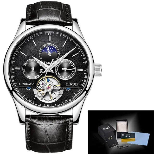 Luxury Automatic Mechanical Watch Men Leather Waterproof Watch Week Clock Boxo