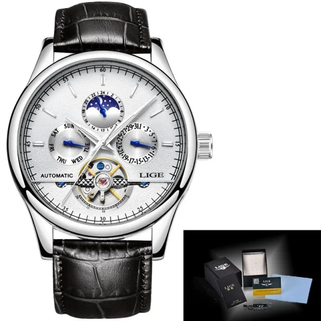 Luxury Automatic Mechanical Watch Men Leather Waterproof Watch Week Clock Boxo
