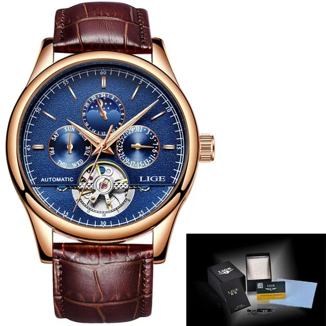 Luxury Automatic Mechanical Watch Men Leather Waterproof Watch Week Clock Boxo