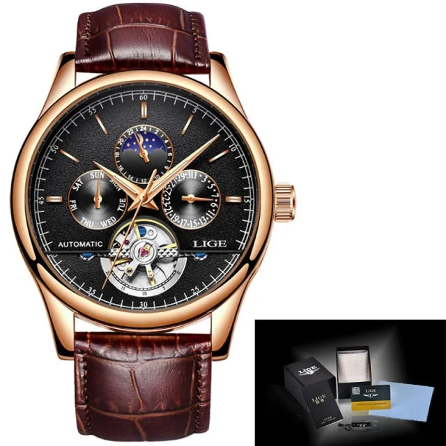 Luxury Automatic Mechanical Watch Men Leather Waterproof Watch Week Clock Boxo