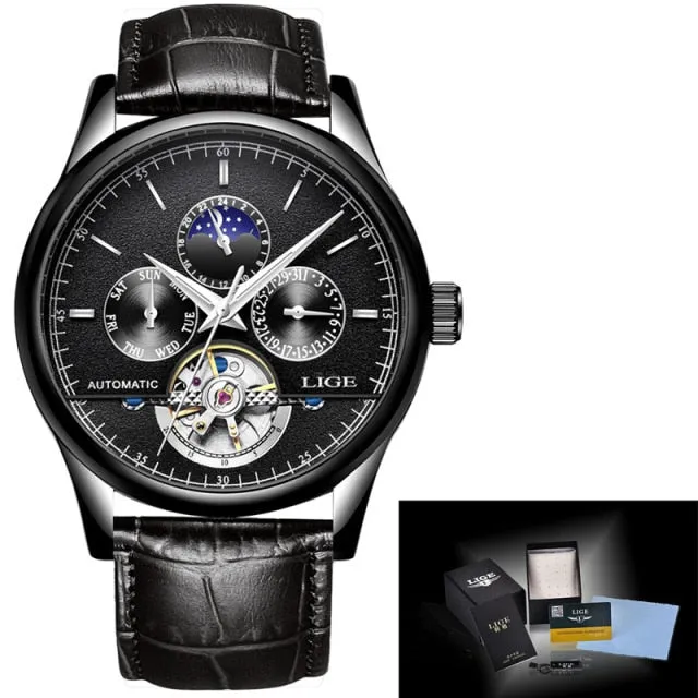 Luxury Automatic Mechanical Watch Men Leather Waterproof Watch Week Clock Boxo