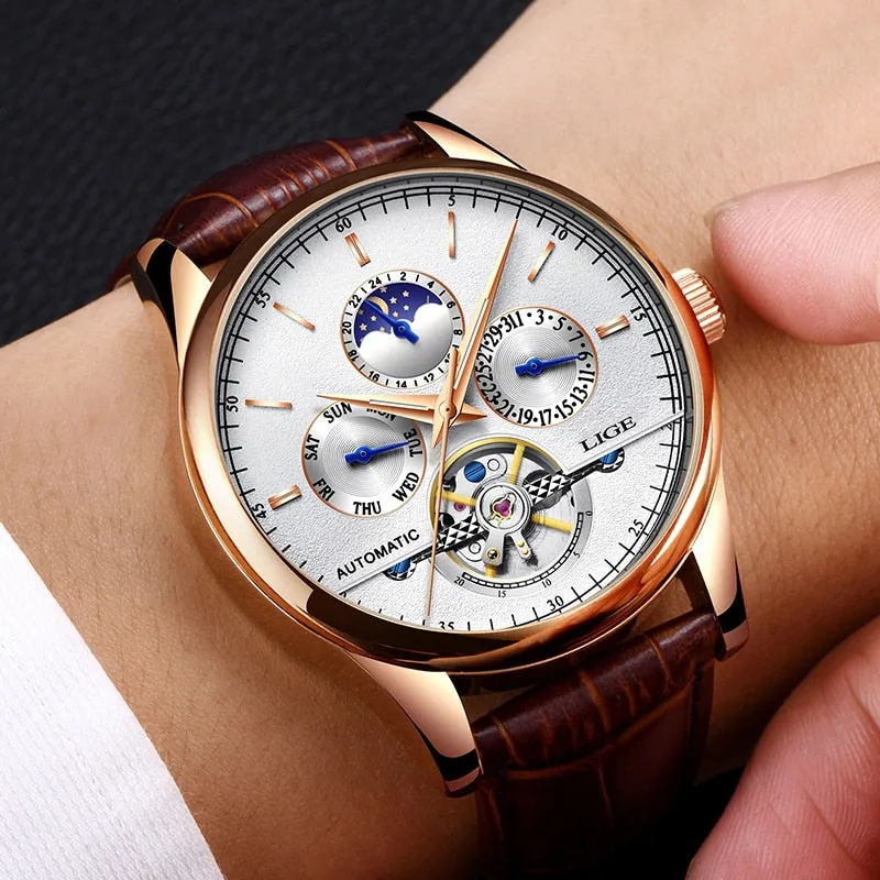 Luxury Automatic Mechanical Watch Men Leather Waterproof Watch Week Clock Boxo