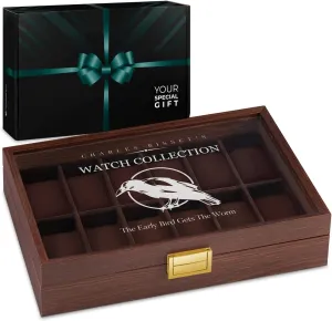 Maverton Wooden Rectangular Watch Case for him - Transparent Engraved Glass Top - For 12 Watches - For Elegant Men - Birthday - Storage box for dad - Bird