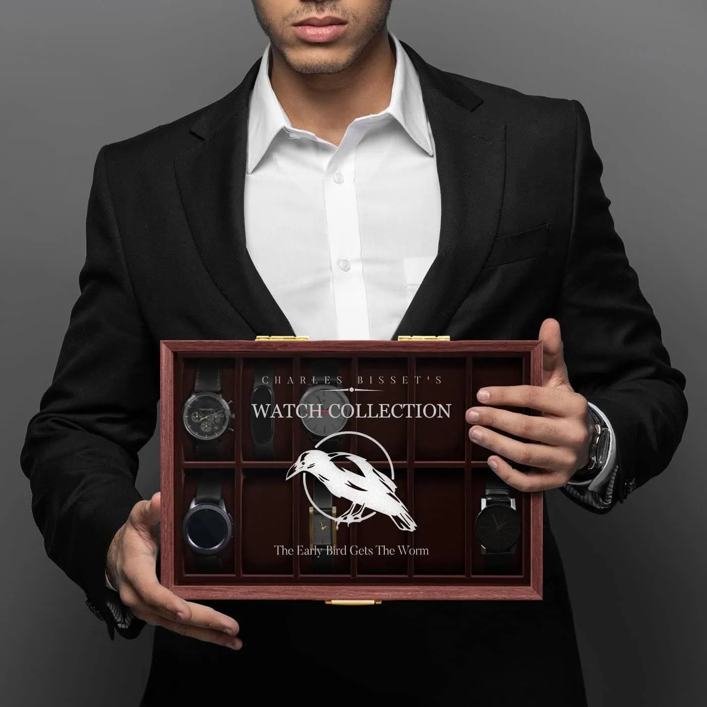 Maverton Wooden Rectangular Watch Case for him - Transparent Engraved Glass Top - For 12 Watches - For Elegant Men - Birthday - Storage box for dad - Bird