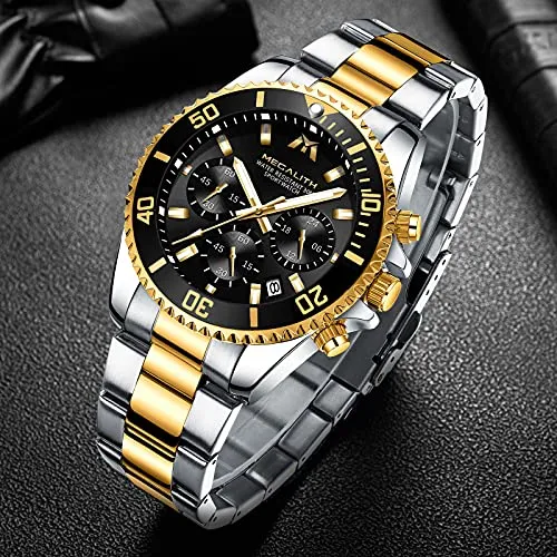MEGALITH Mens Watches with Stainless Steel Waterproof Analog Quartz Fashion Business Chronograph Watches for Men, Auto Date