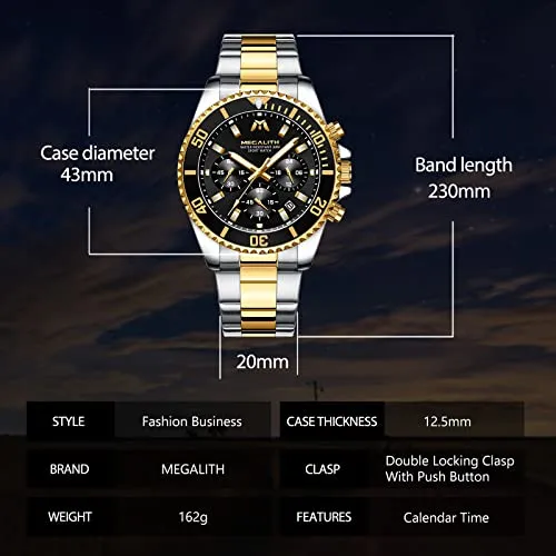 MEGALITH Mens Watches with Stainless Steel Waterproof Analog Quartz Fashion Business Chronograph Watches for Men, Auto Date