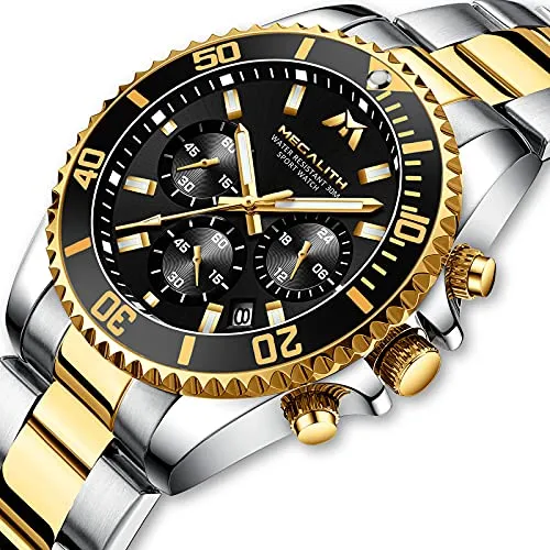 MEGALITH Mens Watches with Stainless Steel Waterproof Analog Quartz Fashion Business Chronograph Watches for Men, Auto Date