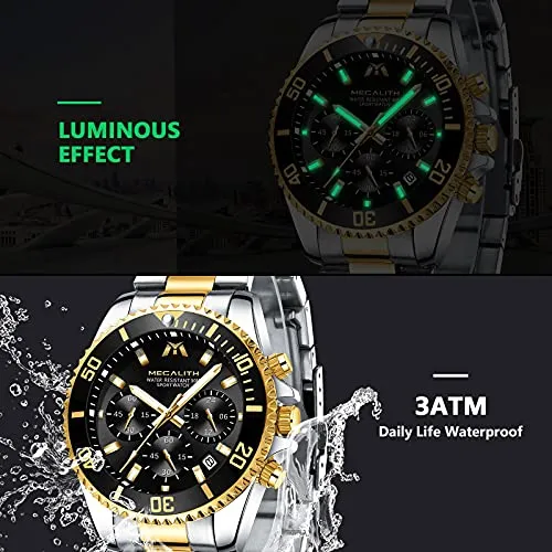 MEGALITH Mens Watches with Stainless Steel Waterproof Analog Quartz Fashion Business Chronograph Watches for Men, Auto Date