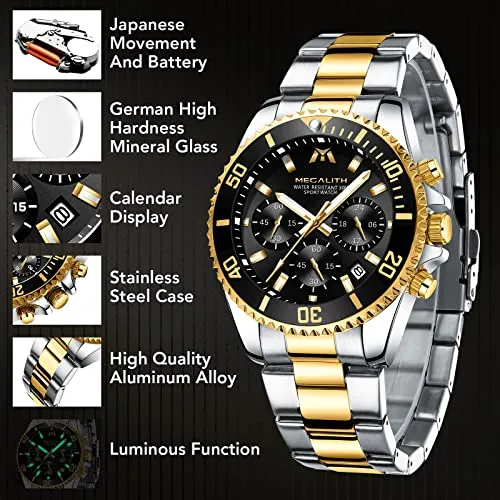 MEGALITH Mens Watches with Stainless Steel Waterproof Analog Quartz Fashion Business Chronograph Watches for Men, Auto Date