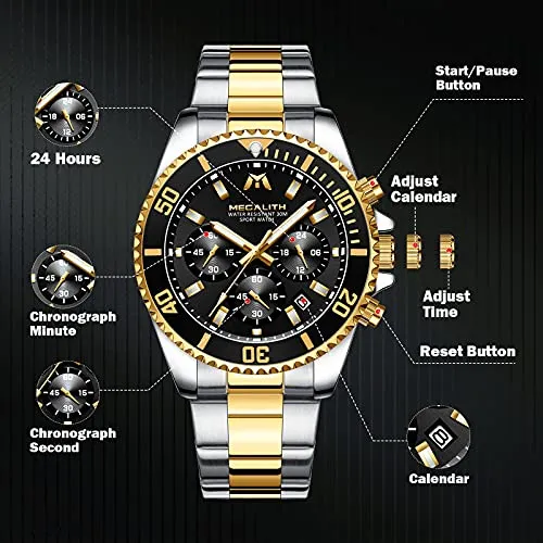 MEGALITH Mens Watches with Stainless Steel Waterproof Analog Quartz Fashion Business Chronograph Watches for Men, Auto Date