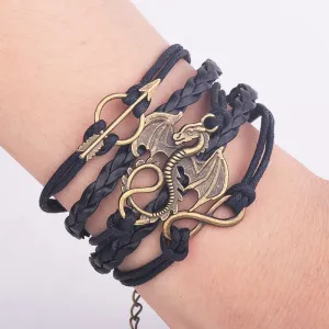 Men Leather Bracelet Vintage Punk Antique Silver Dragon Bracelets Charm for Women