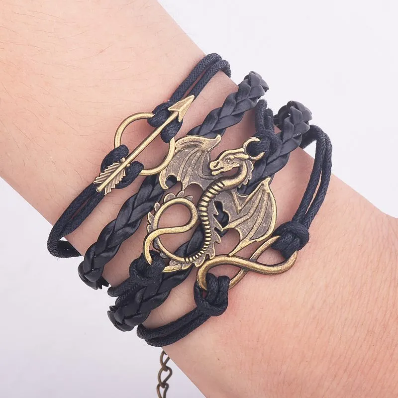 Men Leather Bracelet Vintage Punk Antique Silver Dragon Bracelets Charm for Women