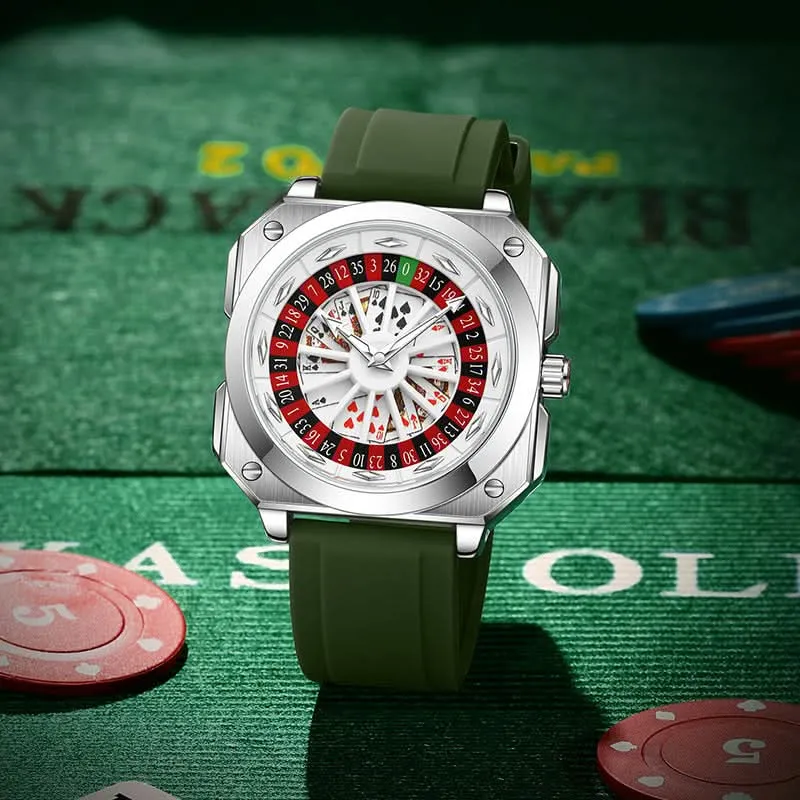 Men’s Lucky Poker Automatic Watch – Gambler Style Turntable Dial
