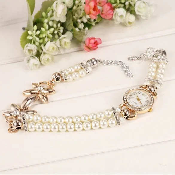 New Women Beads Band Wristwatch Round Analog Battery Charming Link Chain Casual Party Watch