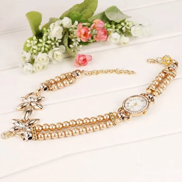 New Women Beads Band Wristwatch Round Analog Battery Charming Link Chain Casual Party Watch