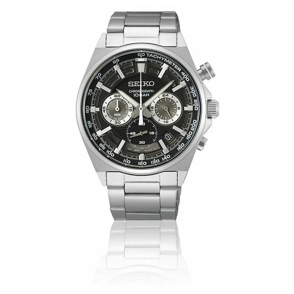 Seiko Mens Black Dial Silver Stainless Steel Band Chronograph Quartz Watch - SSB397
