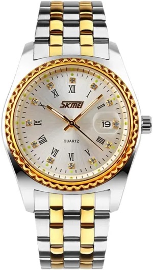 SKMEI Watches for Men Stainless Steel Dress Business Waterproof Luxury Casual Analog Quartz Fashion Simple Day Date Dad Fathers Gifts Gold Silver Wrist Watch