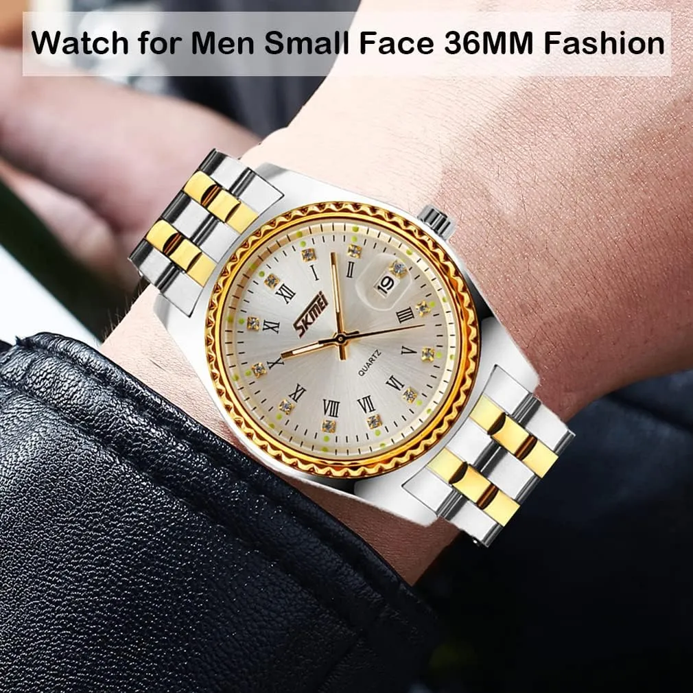 SKMEI Watches for Men Stainless Steel Dress Business Waterproof Luxury Casual Analog Quartz Fashion Simple Day Date Dad Fathers Gifts Gold Silver Wrist Watch