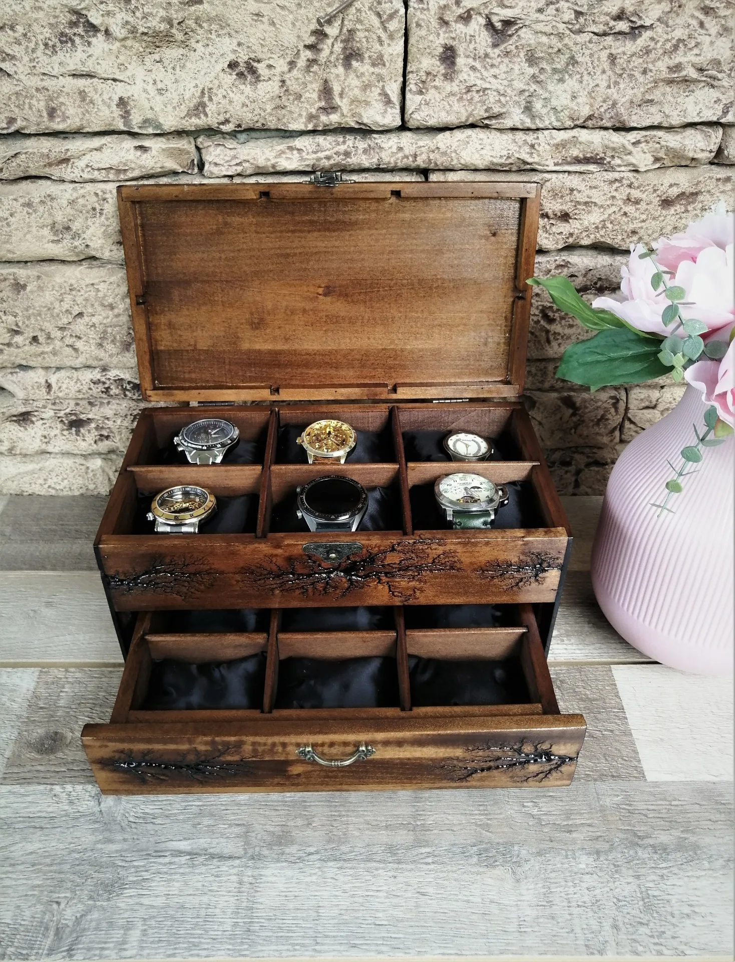 Watch Box With Drawer, Lichtenberg Figure, Watch Storage Solid Wood Personalized Box for 12 Watches by Voldor