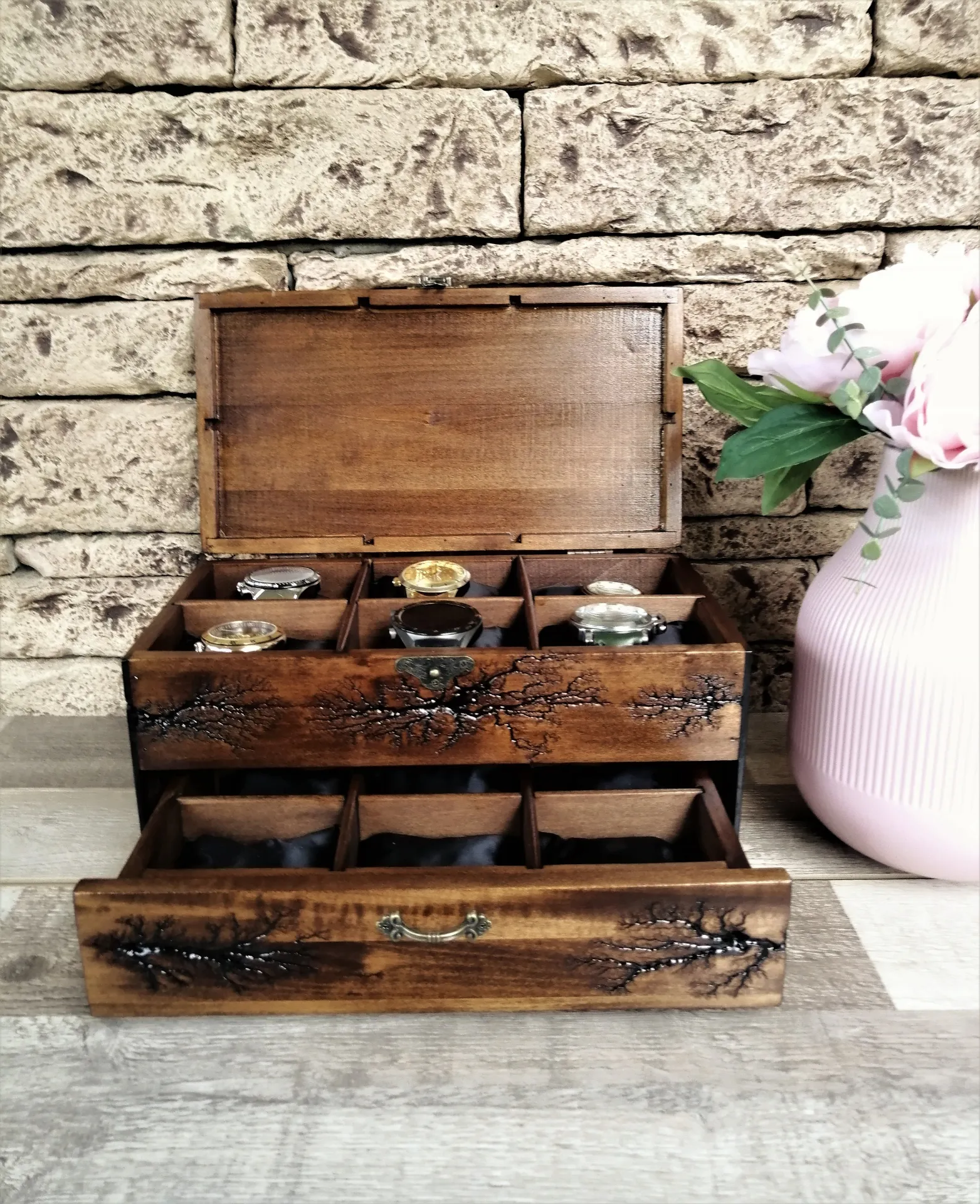 Watch Box With Drawer, Lichtenberg Figure, Watch Storage Solid Wood Personalized Box for 12 Watches by Voldor