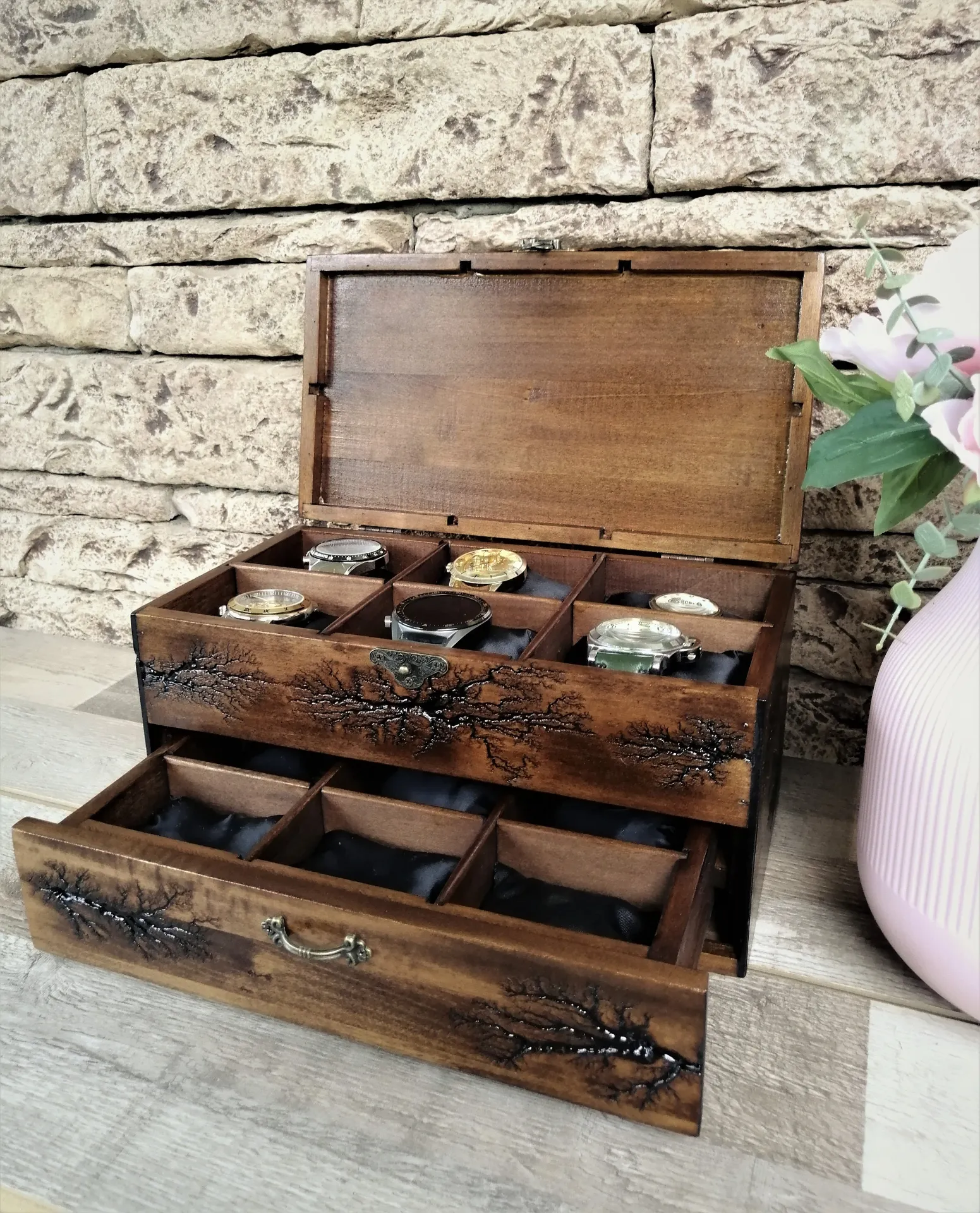 Watch Box With Drawer, Lichtenberg Figure, Watch Storage Solid Wood Personalized Box for 12 Watches by Voldor