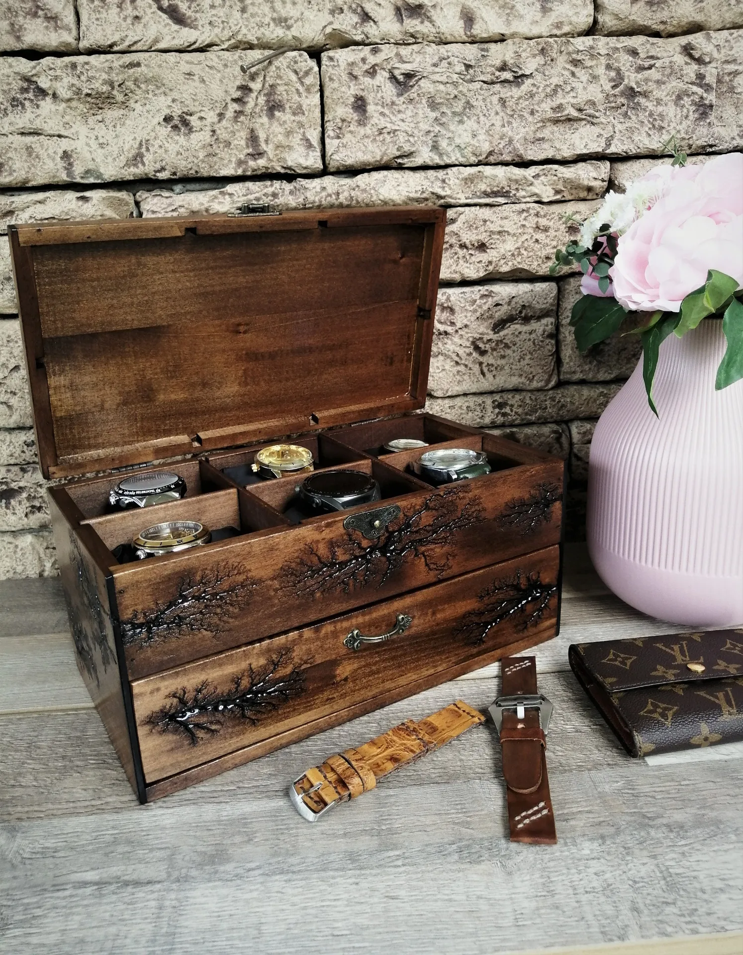 Watch Box With Drawer, Lichtenberg Figure, Watch Storage Solid Wood Personalized Box for 12 Watches by Voldor