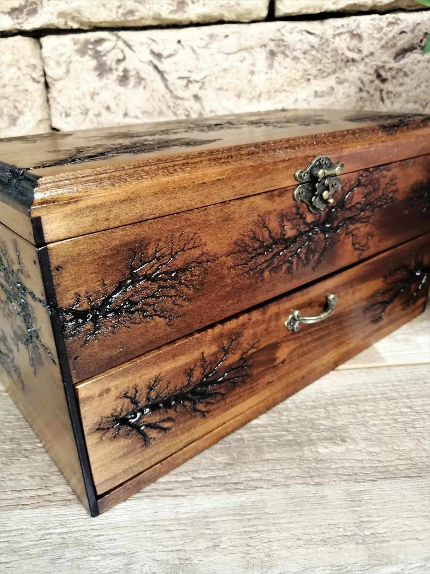 Watch Box With Drawer, Lichtenberg Figure, Watch Storage Solid Wood Personalized Box for 12 Watches by Voldor