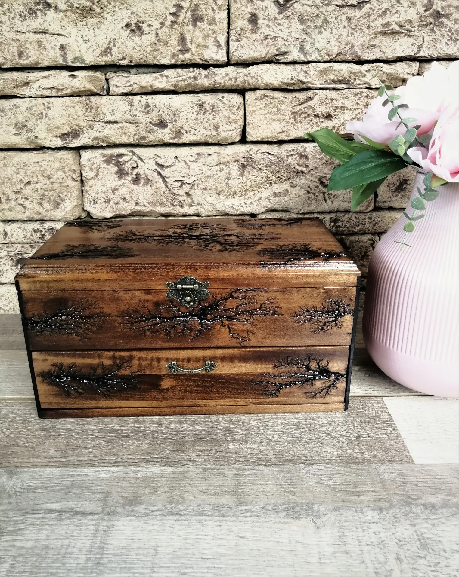 Watch Box With Drawer, Lichtenberg Figure, Watch Storage Solid Wood Personalized Box for 12 Watches by Voldor